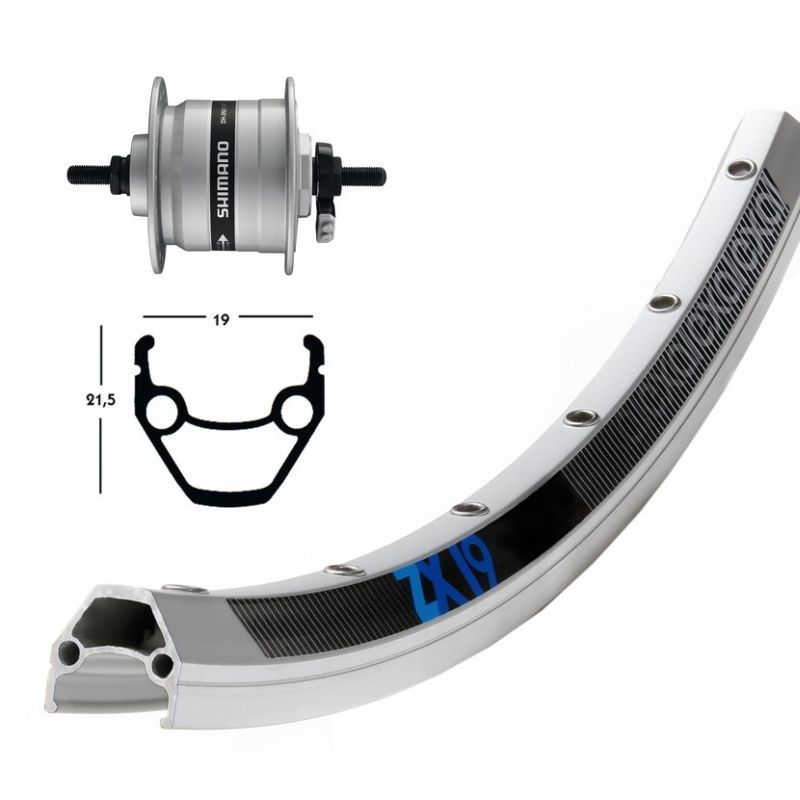Rueda Delantera Exal ZX19 Eje Macizo Buje Dinamo Shimano DHC300 Plata