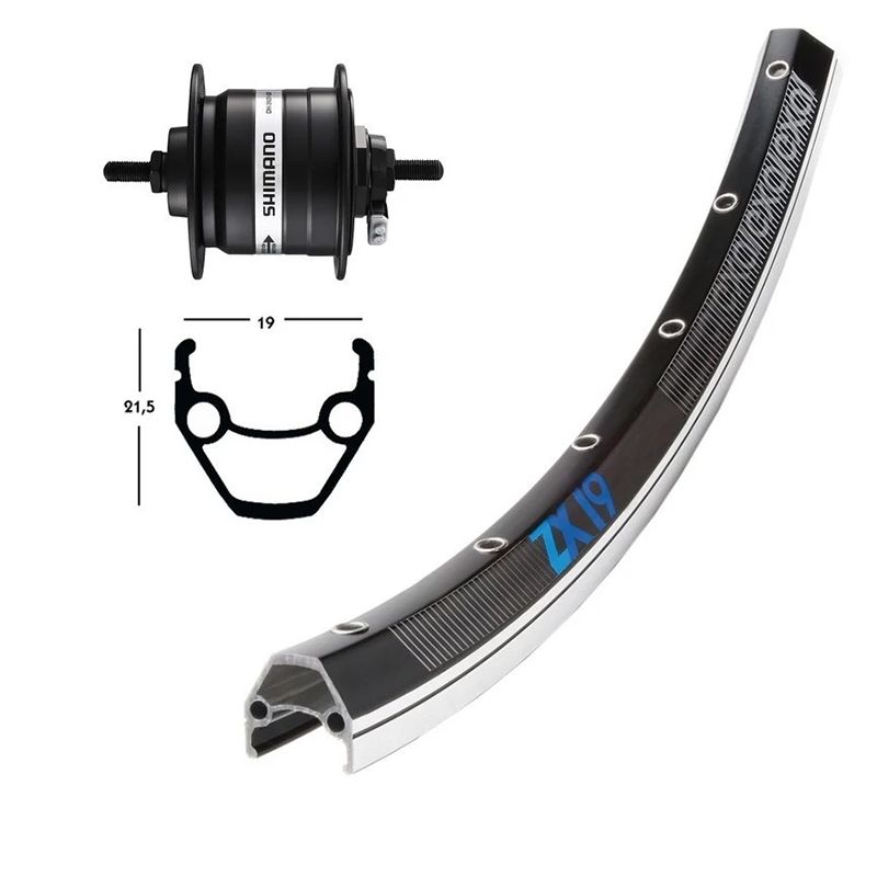 Rueda Delantera Exal ZX19 100mm Buje Dinamo Shimano DH3N20 Aluminio Negro/Plata